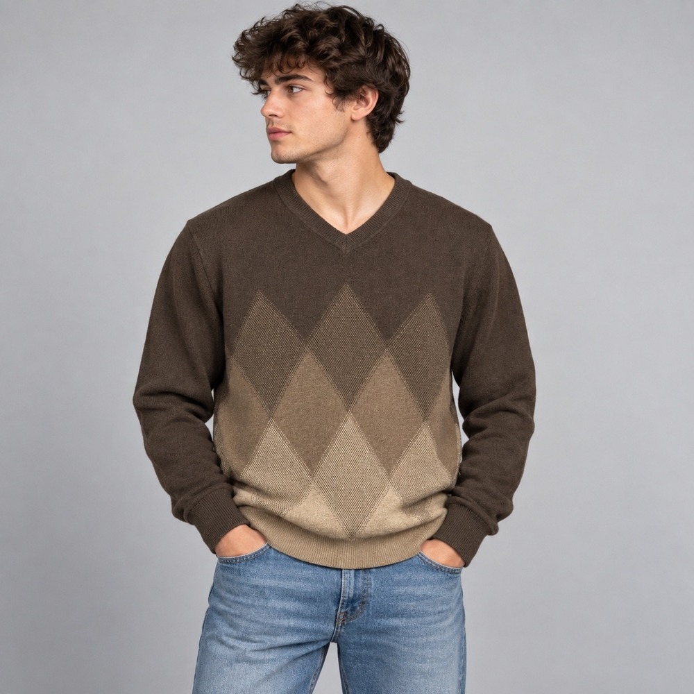Perry Ellis Sweater Mens M Brown Argyle V-Neck Cotton Blend Knit Pullover Preppy